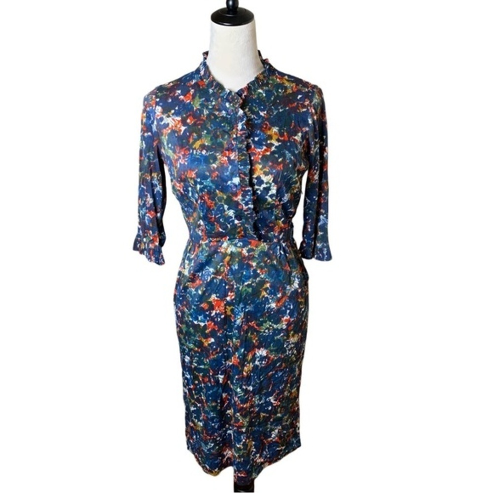 Vintage 1960s Colorful Ruffle Midi Dress Small | 60s Pinup Rockabilly Union Made